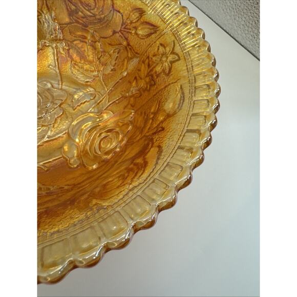 Marigold Carnival Glass Rose Pattern‎ Iridescent Bowl Decorative Vintage Dish 8” - Picture 2 of 9